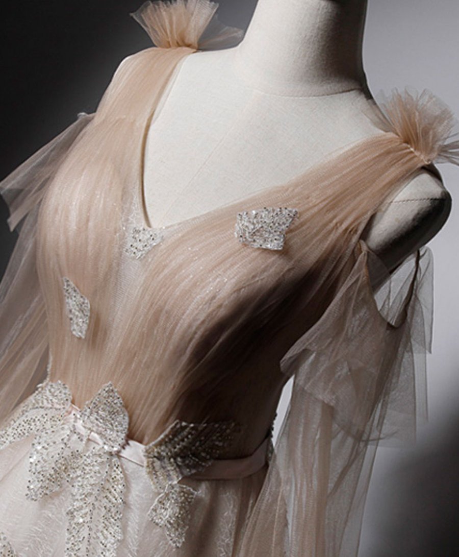 Champagne v neck tulle lace long prom dress champagne evening dress - View 4 | VelvetHem