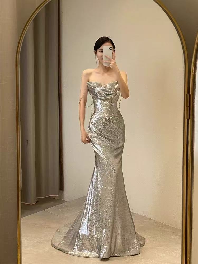 Elegant Mermaid Siver Sequin Prom Dress Sleeveless Evening Party Dress fg7379 - View 3 | VelvetHem