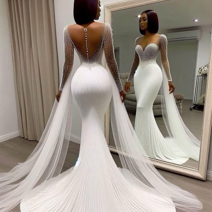 White Mermaid Long Elegant Wedding Dresses Princess Bridal Gown fg7370 - View 2 | VelvetHem