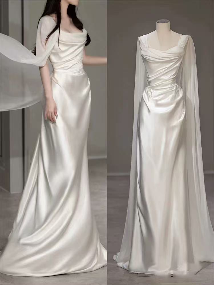 White Satin Pleats Straps Wedding Dress