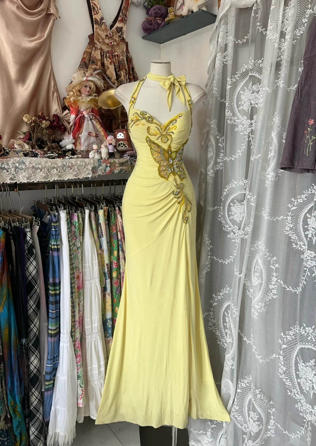 Yellow Halter Mermaid Long Prom Gown Evening Dress fg7398 - VelvetHem