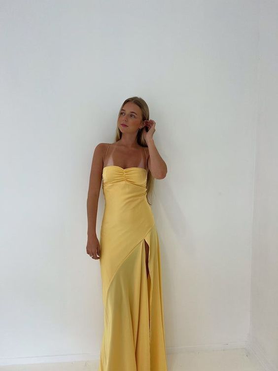 Yellow Spaghetti Straps Long Prom Dress With Slit fg6898 - View 5 | VelvetHem