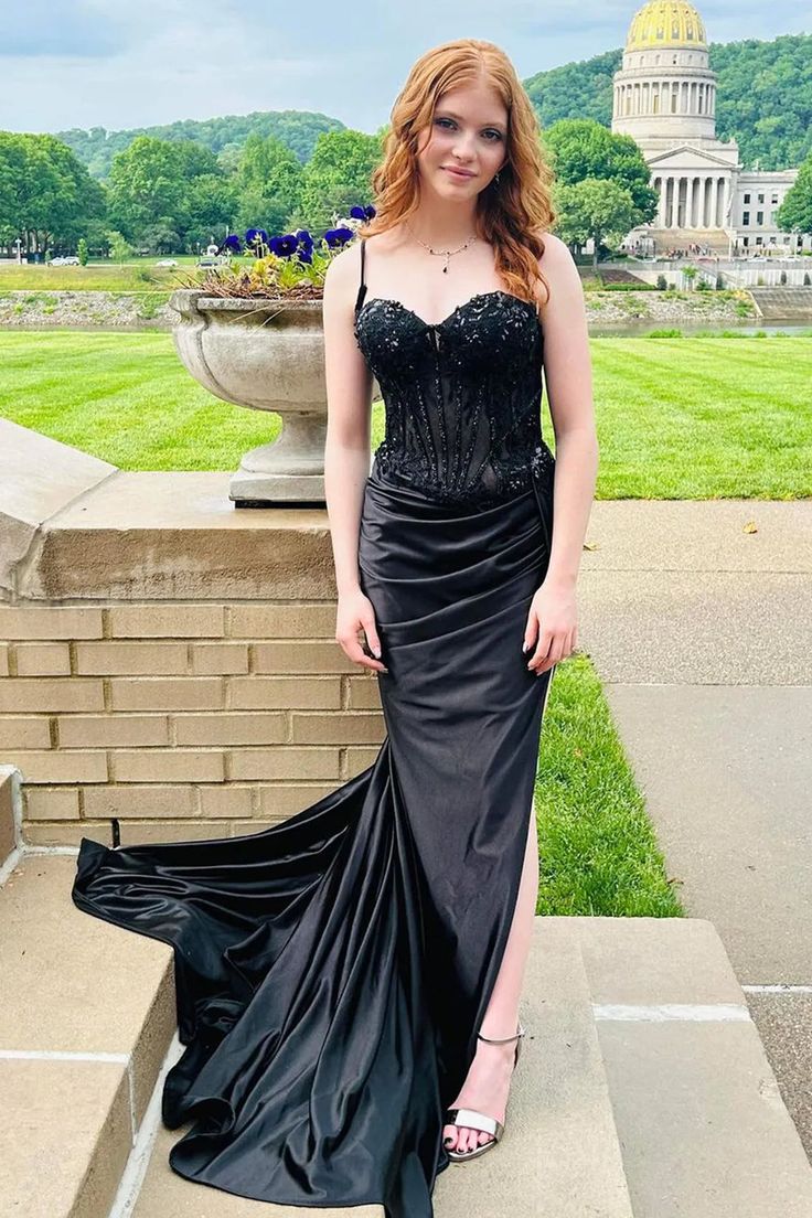 Spaghetti Straps Appliques Satin High Slit Party Prom Formal Evening Dress fg6988 - View 9 | VelvetHem