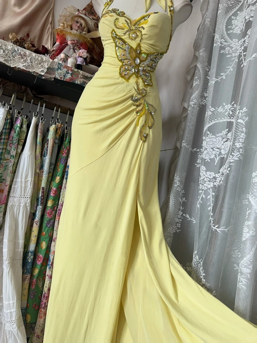 Yellow Halter Mermaid Long Prom Gown Evening Dress fg7398 - View 5 | VelvetHem