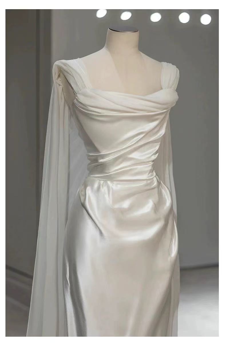 White Satin Pleats Straps Wedding Dress