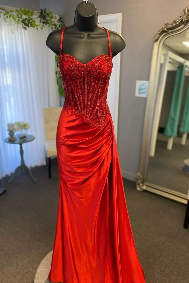 Spaghetti Straps Appliques Satin High Slit Party Prom Formal Evening Dress fg6988 - View 8 | VelvetHem