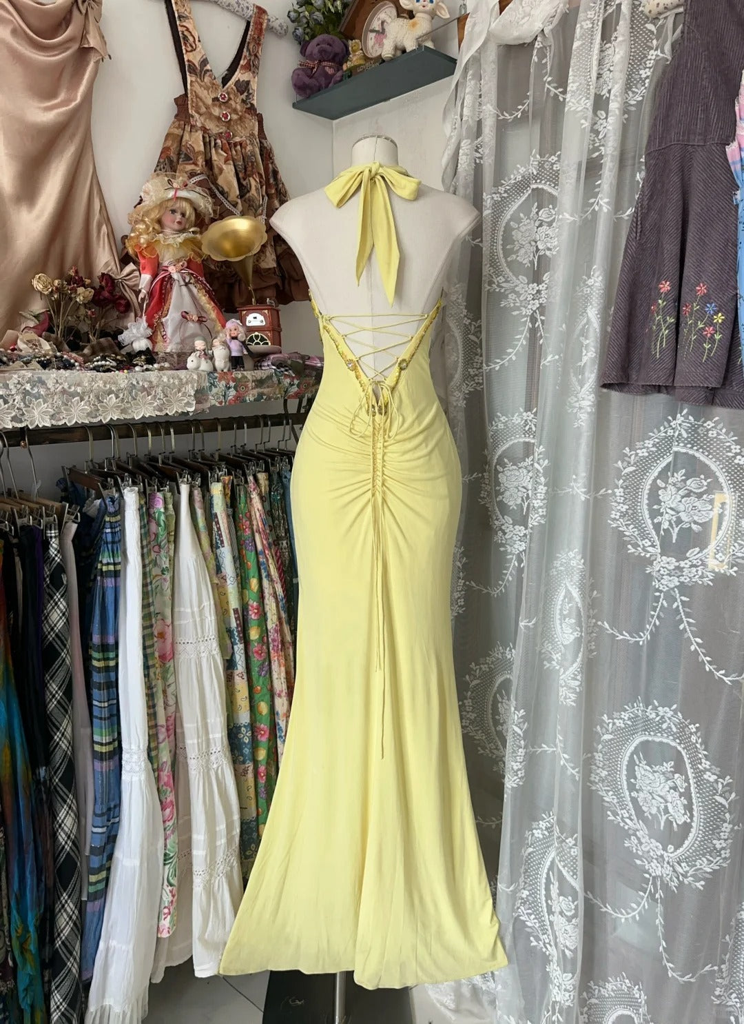Yellow Halter Mermaid Long Prom Gown Evening Dress fg7398 - View 3 | VelvetHem