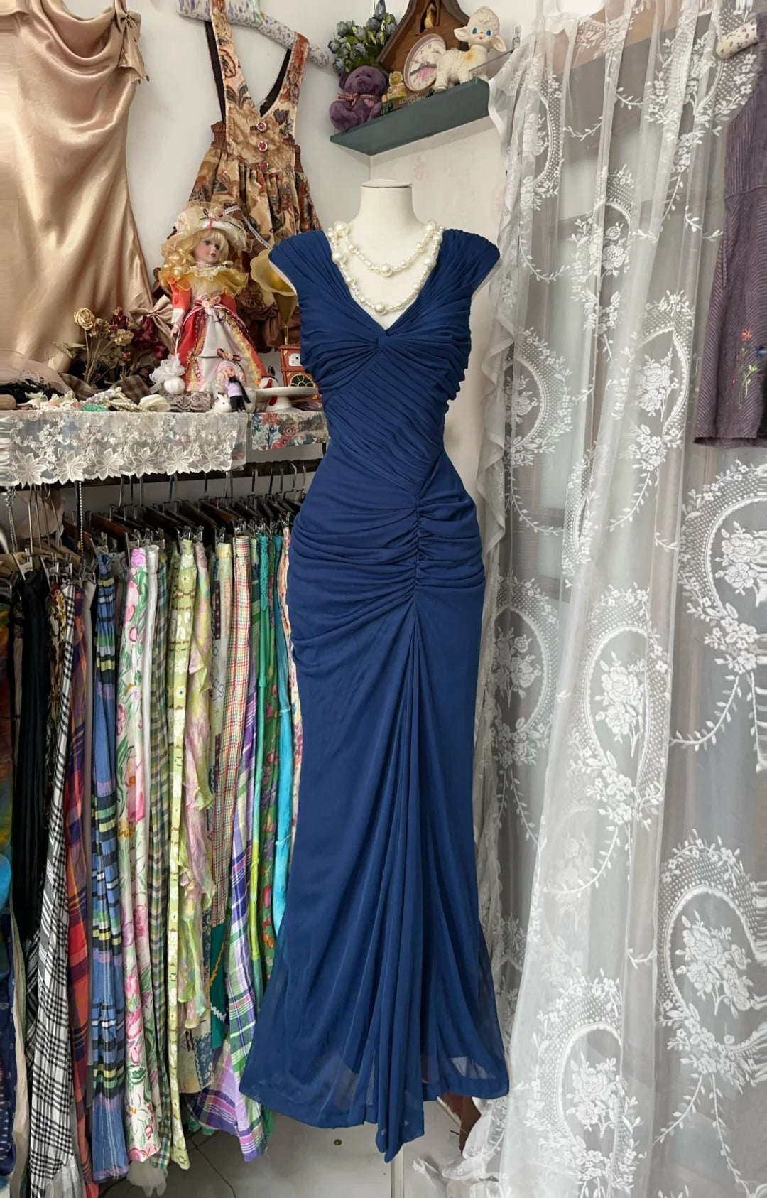Navy Blue Mermaid Pleat Prom Dress Evening Party Dress fg7385 - VelvetHem