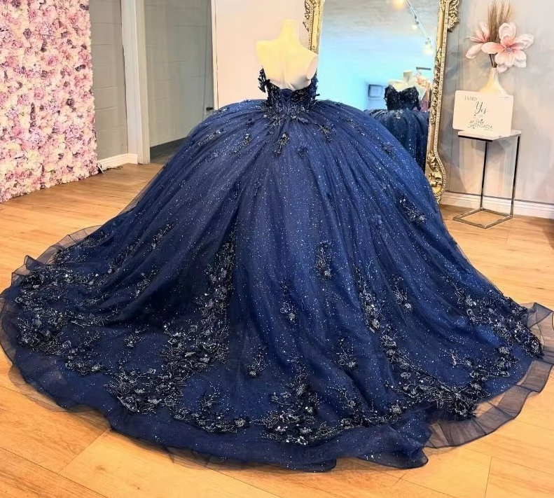 Navy Blue Mexican Quinceanera Dress Floral Applique Beaded Crystal Corset Sweet 16 Dress fg6806 - View 2 | VelvetHem