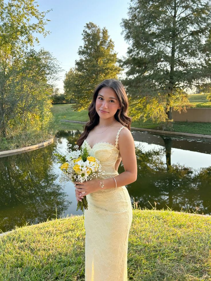 Pastel Yellow Prom Dress, Elegant Lace Evening Dress fg7337 - VelvetHem