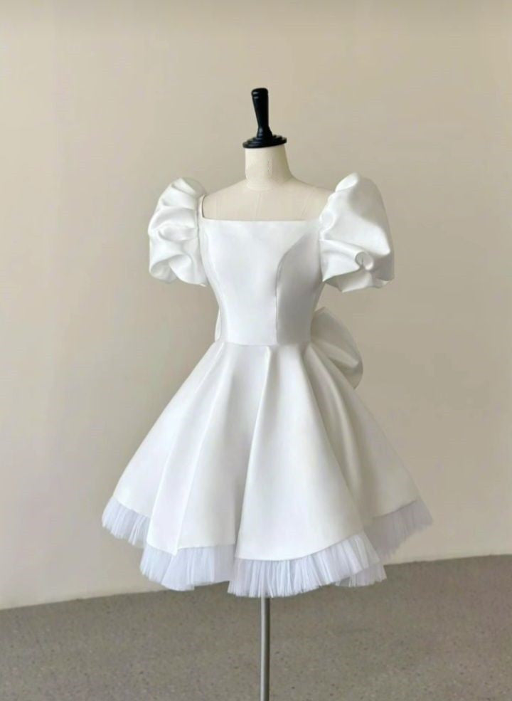 White Satin Homecoming Dress 2024 Puffy Short Sleeves fg6471 - VelvetHem