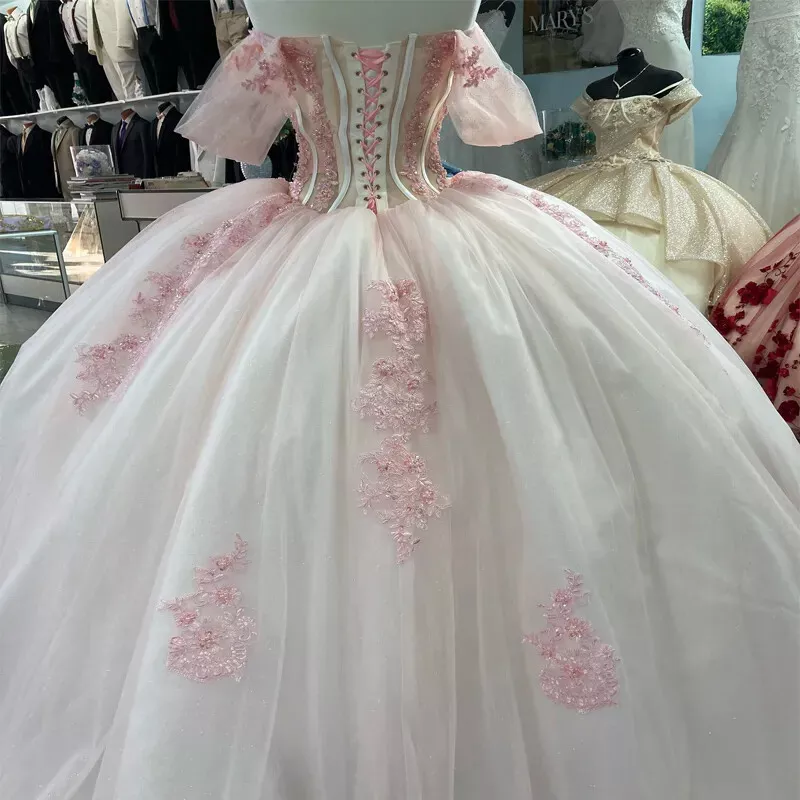 Pink Lace Quinceanera Dress Ball Gown Applique Lace Tulle Party Sweet 16 Dress fg7352 - View 2 | VelvetHem