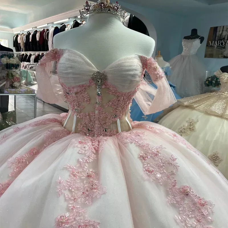 Pink Lace Quinceanera Dress Ball Gown Applique Lace Tulle Party Sweet 16 Dress fg7352 - View 3 | VelvetHem