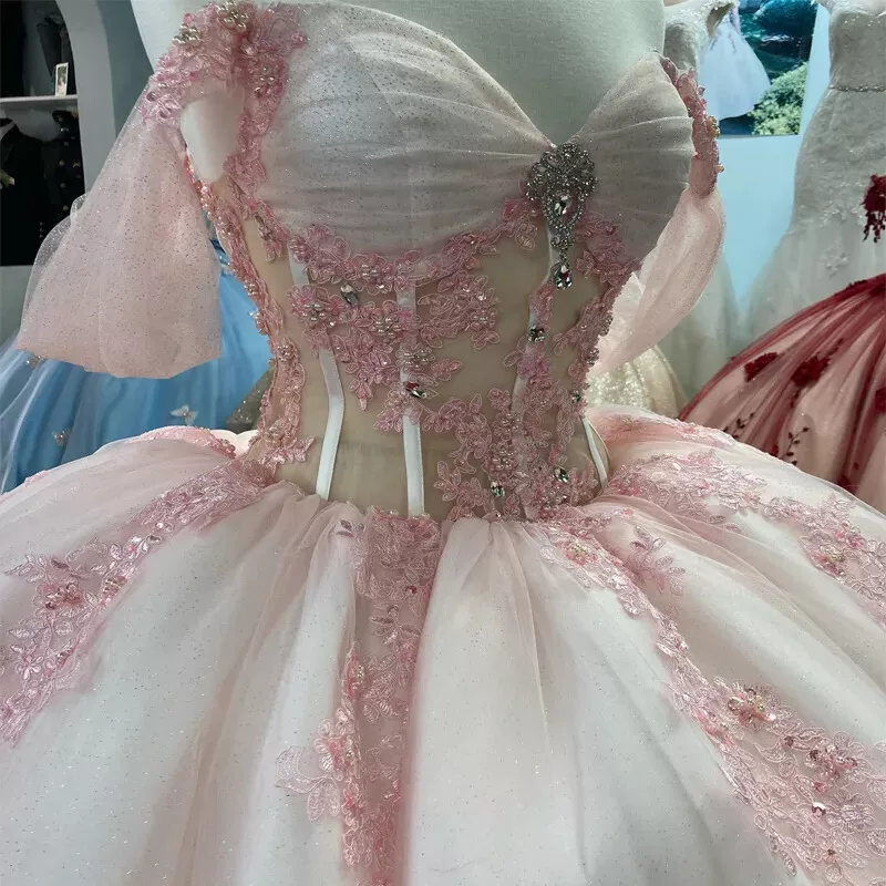 Pink Lace Quinceanera Dress Ball Gown Applique Lace Tulle Party Sweet 16 Dress fg7352 - View 4 | VelvetHem