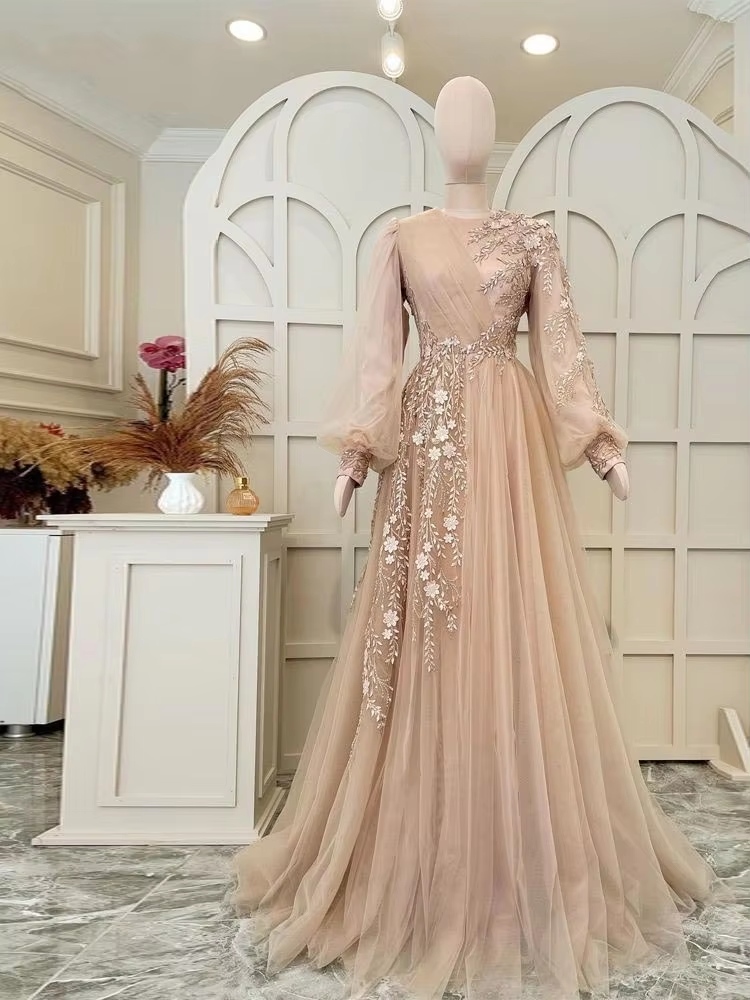 Elegant evening dress tulle muslim dress, wedding guest dress, champagne special occasion dress fg6673 - VelvetHem