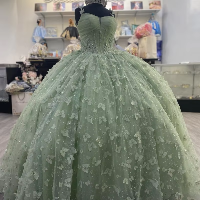 3D Butterfly Quinceanera Dresses Sage Green Ball Gowns with Crystal Corset fg6684 - VelvetHem