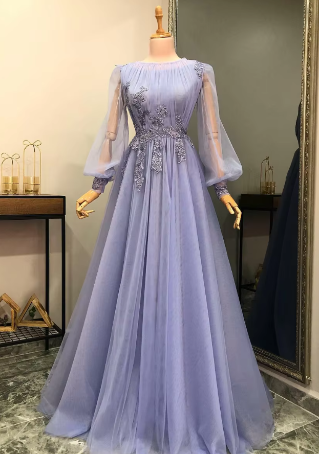 Lilac A-line Prom Dresses Appliques Lace Beading Tulle Long Sleeves Formal Evening Party Gowns fg6674 - VelvetHem