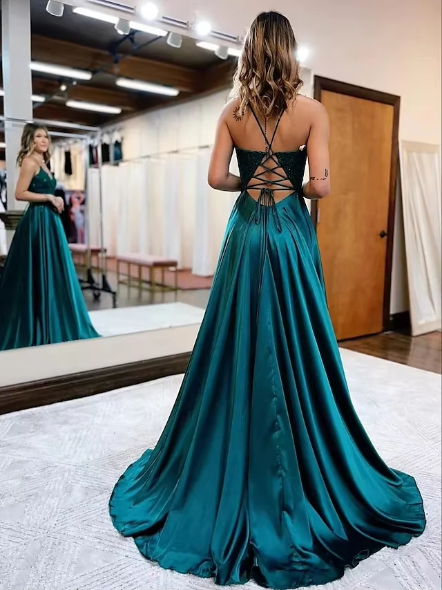 Elegant long a-line satin prom dresses v-neck split formal gown with lace appliques