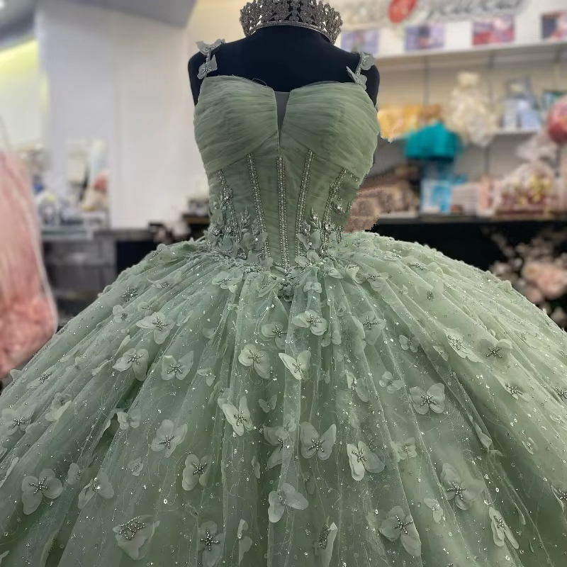 3D Butterfly Quinceanera Dresses Sage Green Ball Gowns with Crystal Corset fg6684 - View 4 | VelvetHem