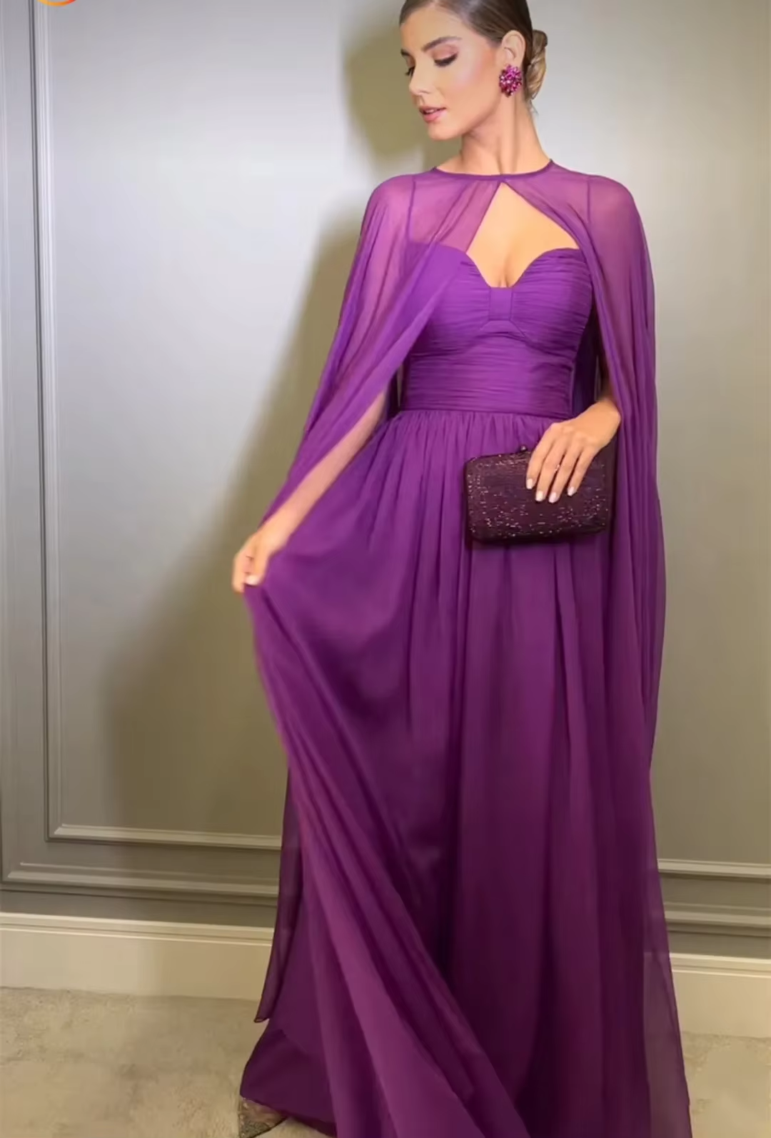 Elegant Purple Chiffon Long Evening Dress with Cape A-Line Pleated Floor Length Formal Prom Gown fg7269 - View 5 | VelvetHem