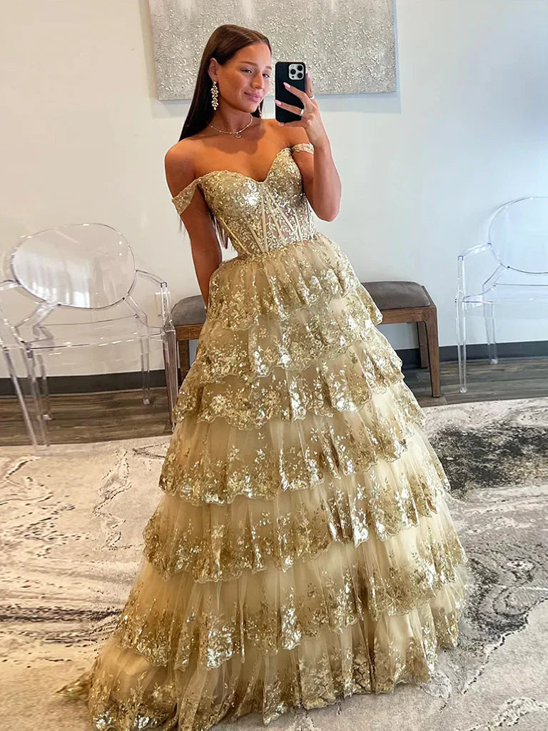 Gold A-Line Tulle Gold Sequin Long Prom Dress, Gold Long Evening Dress - View 3 | VelvetHem