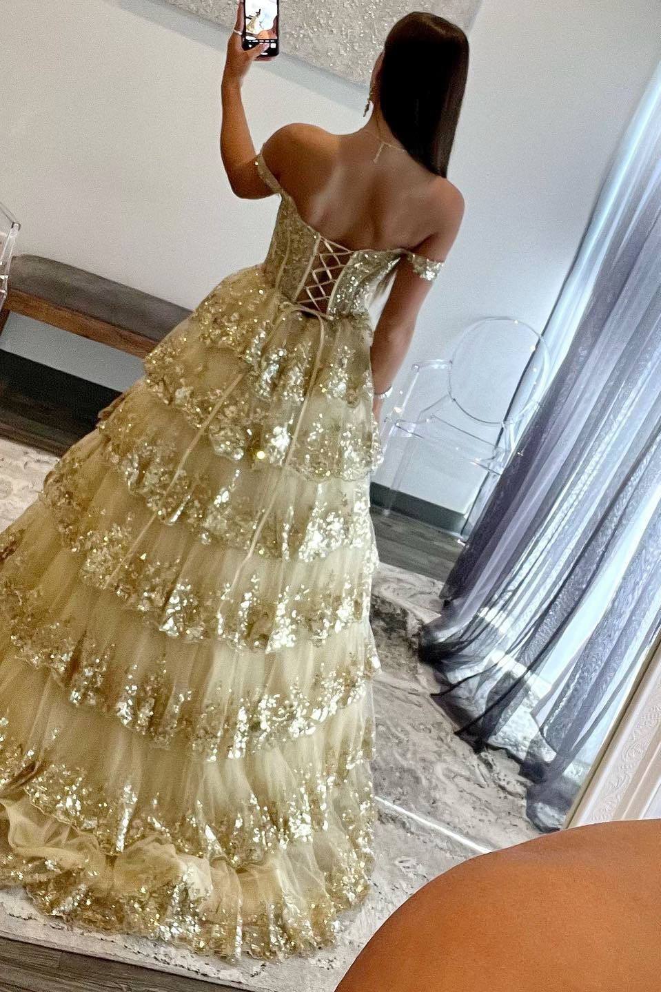 Gold A-Line Tulle Gold Sequin Long Prom Dress, Gold Long Evening Dress - View 4 | VelvetHem