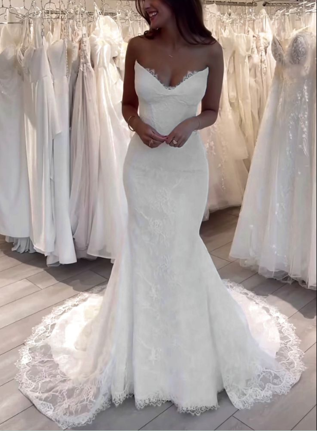 Mermaid V Neck Lace Long Wedding Dresses, Elegant Wedding Dress fg7180 - View 3 | VelvetHem