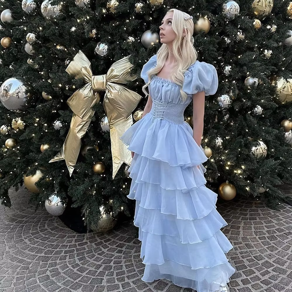 Sky Blue Tiered Skirt Prom Dress Puff Short Sleeves Formal Party Evening Gown fg7259 - View 8 | VelvetHem
