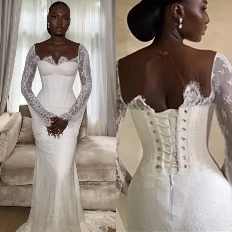White Mermaid Wedding Dress Elegant African Lace Long Sleeves Bridal Gown fg7219 - View 3 | VelvetHem