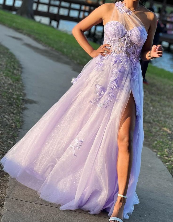 Dreamy Lavender Sheer Mesh One-Shoulder Long Prom Gown fg7292 - View 2 | VelvetHem