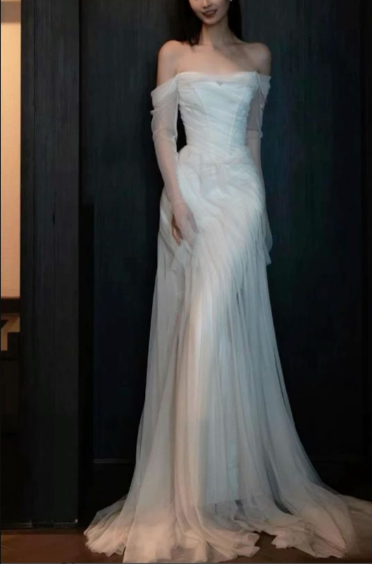 Stunning Mermaid Long Off Shoulder Tulle Wedding Dresses fg7296 - VelvetHem