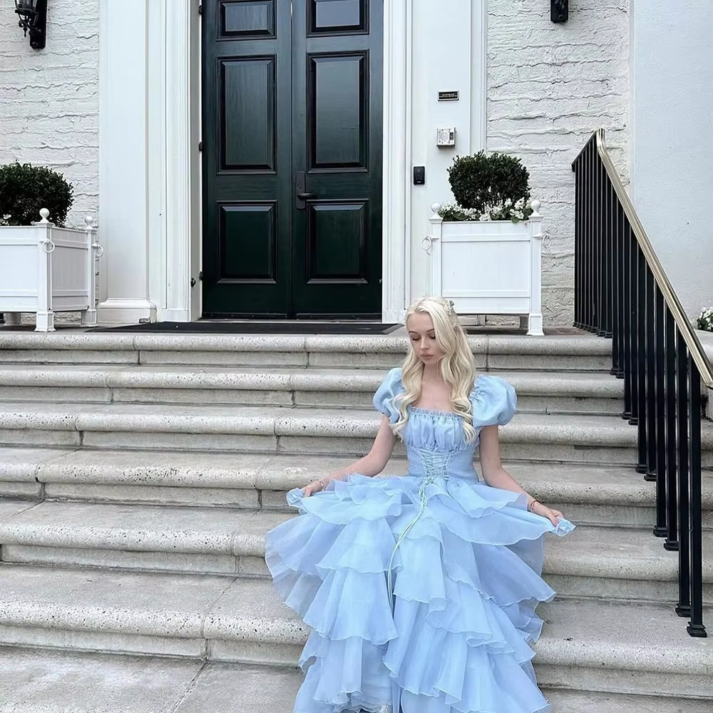 Sky Blue Tiered Skirt Prom Dress Puff Short Sleeves Formal Party Evening Gown fg7259 - View 7 | VelvetHem