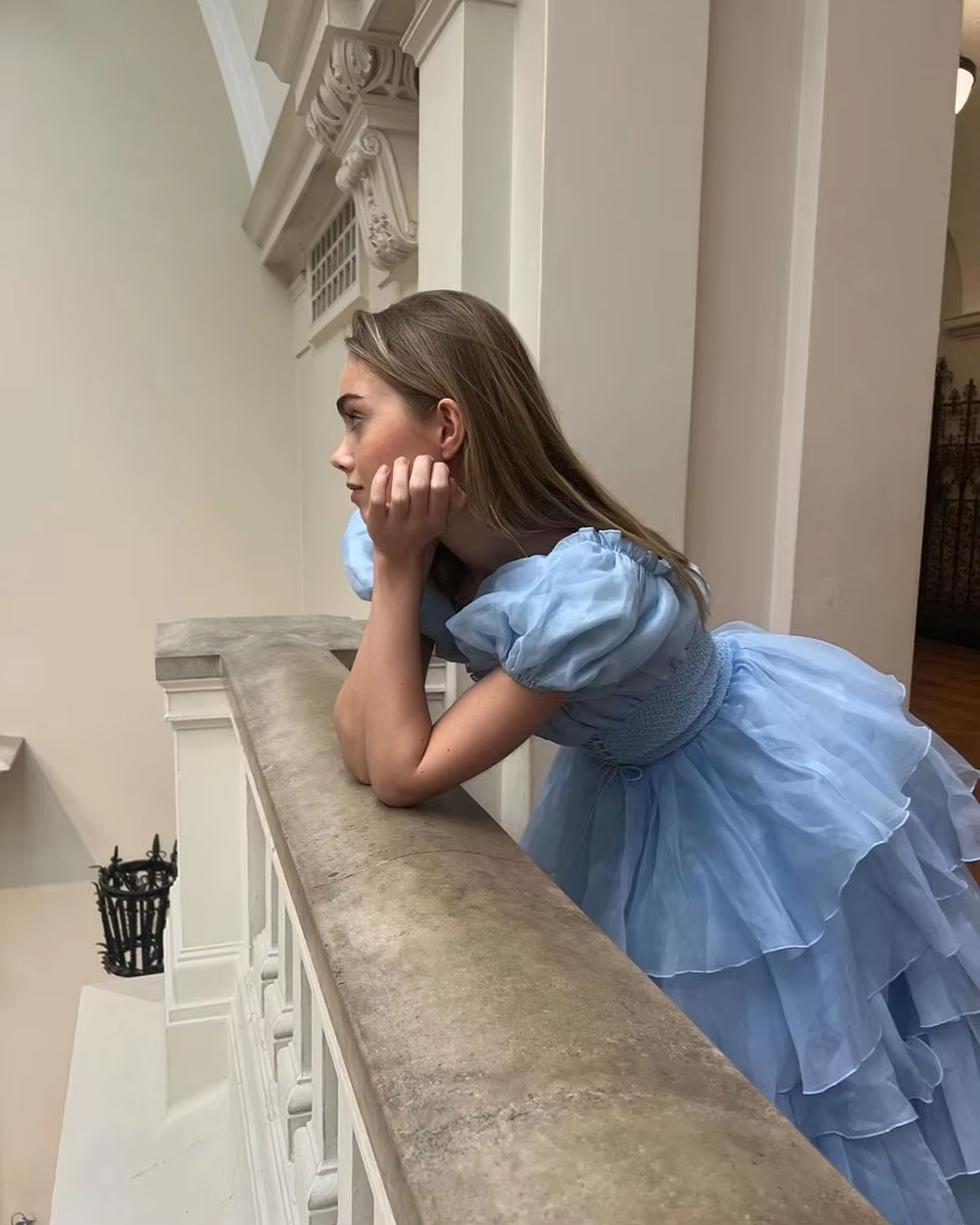 Sky Blue Tiered Skirt Prom Dress Puff Short Sleeves Formal Party Evening Gown fg7259 - View 5 | VelvetHem