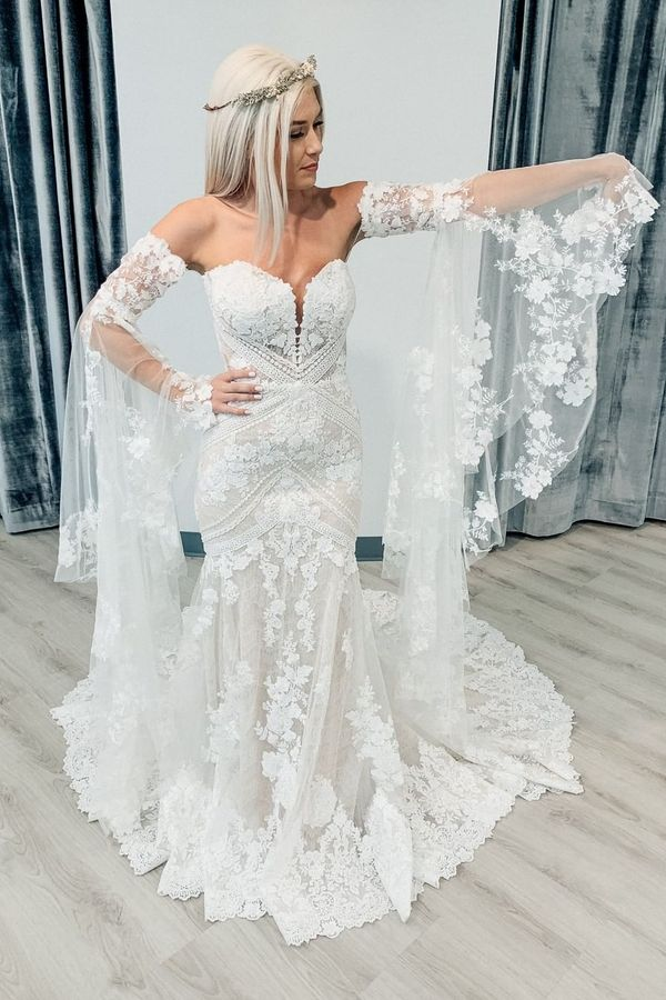 Bell Sleeves Lace Wedding Dresses Sweetheart Mermaid Bridal Gowns fg7251 - View 2 | VelvetHem