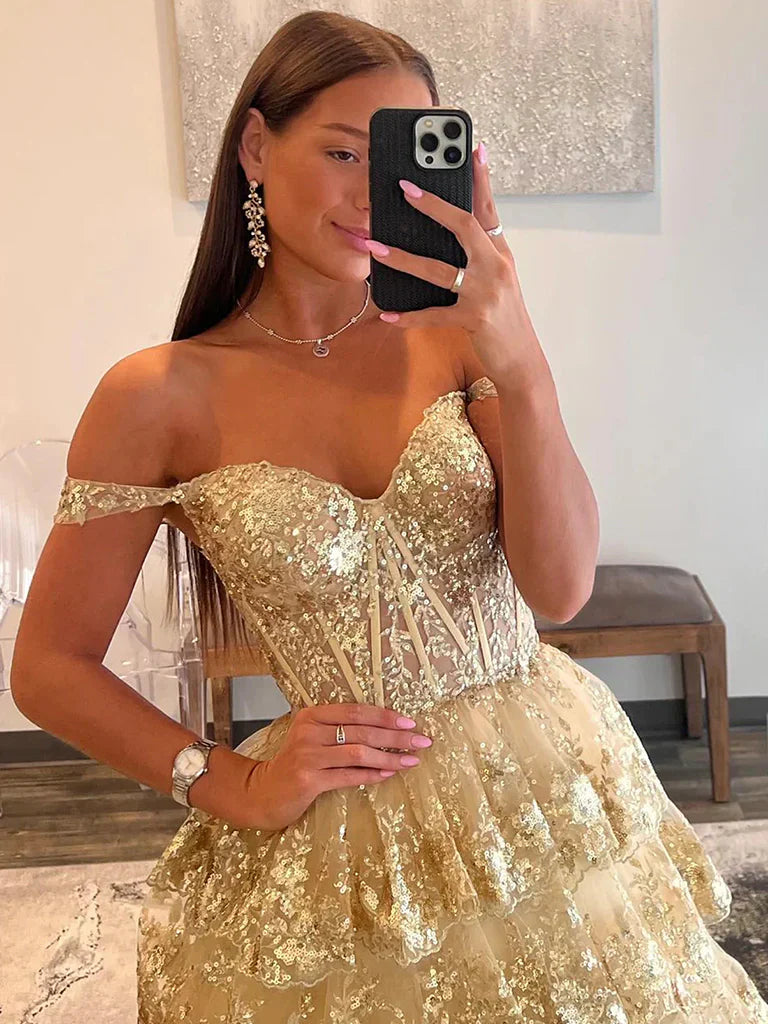 Gold A-Line Tulle Gold Sequin Long Prom Dress, Gold Long Evening Dress - View 2 | VelvetHem