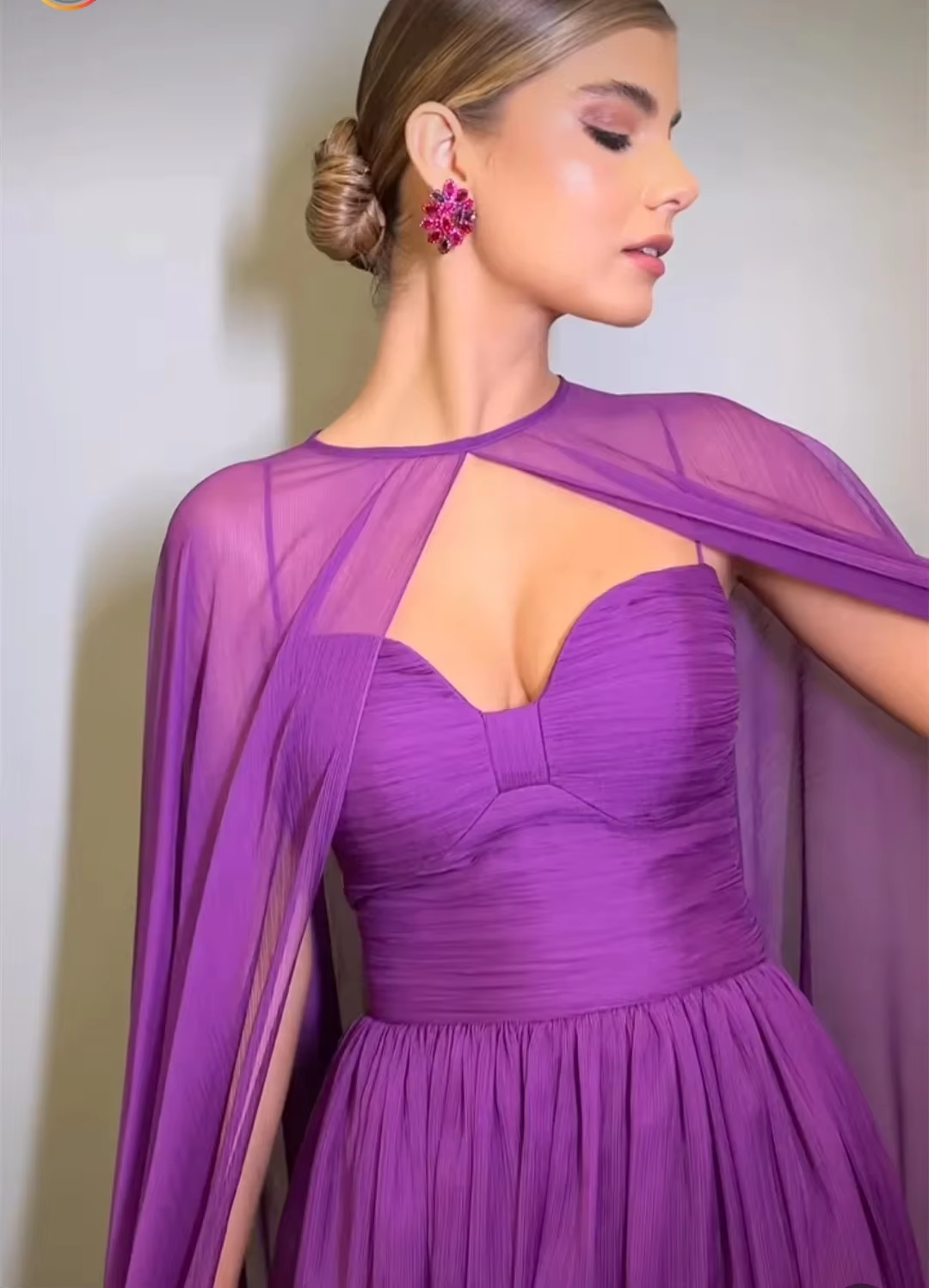 Elegant Purple Chiffon Long Evening Dress with Cape A-Line Pleated Floor Length Formal Prom Gown fg7269 - View 4 | VelvetHem