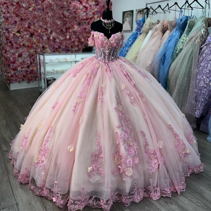 Quinceanera Ball Gown Pink Lace Applique 3D Floral Flower Off Shoulder Sweet 16 Dress fg6738 - VelvetHem