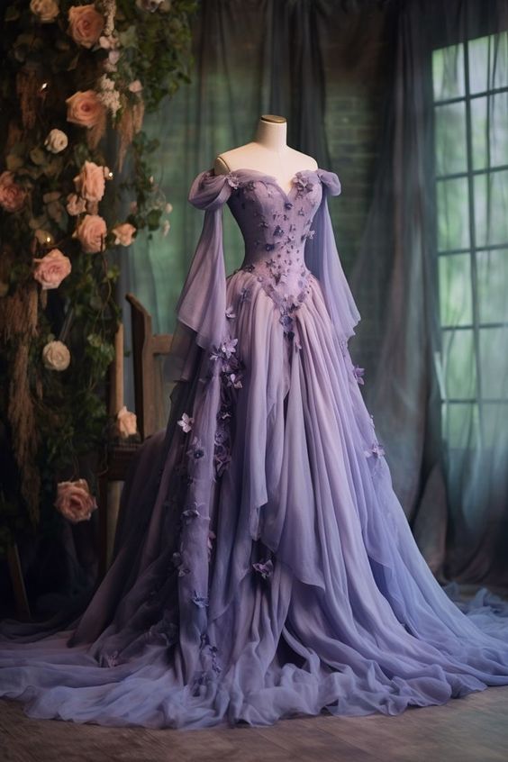 Purple Custom Dress Long Sleeve Floral Applique A-Line Long Evening Dress fg7191 - VelvetHem