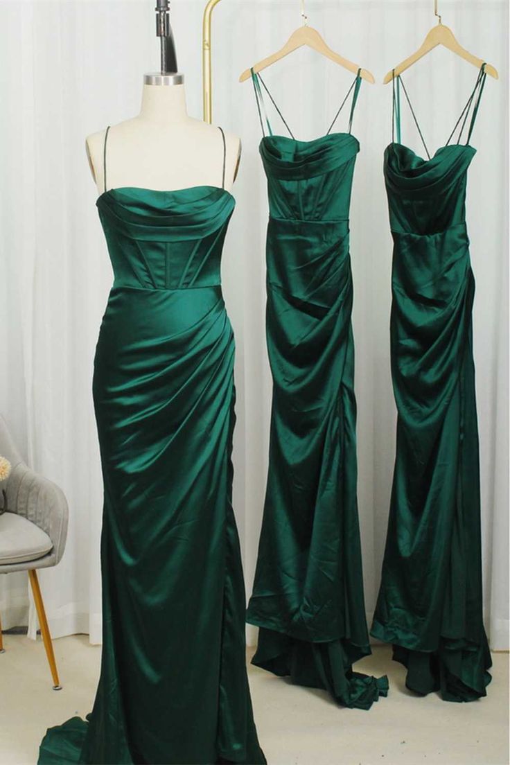 Straps Dark Green Mermaid Long Bridesmaid Dress,Modest Satin Formal Dresses fg7169 - View 2 | VelvetHem