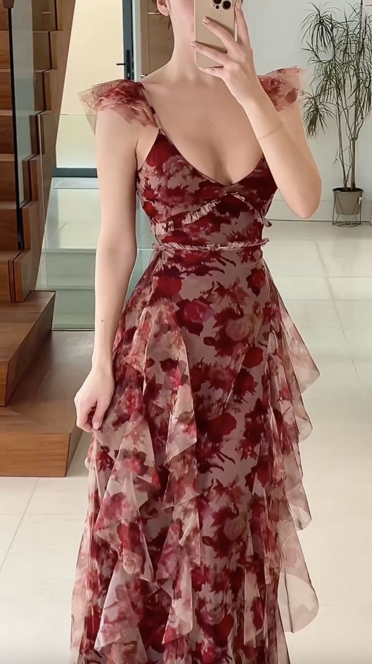 Vintage Chiffon Print Irregular Ruffles Long Prom Dress A Line Evening Party Dress fg7034 - View 2 | VelvetHem