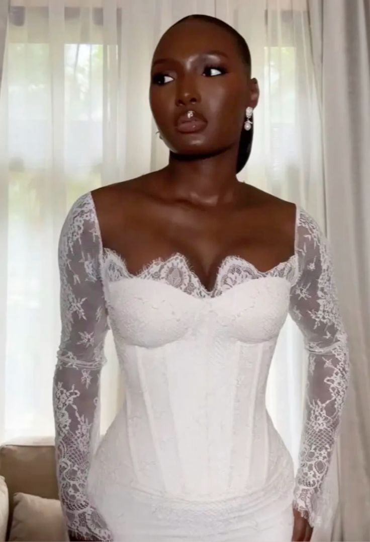 White Mermaid Wedding Dress Elegant African Lace Long Sleeves Bridal Gown fg7219 - View 2 | VelvetHem