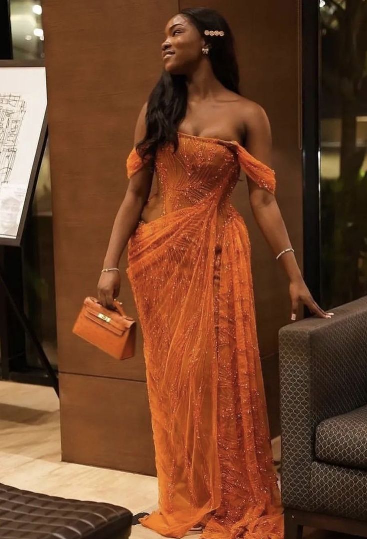 Orange Prom Dresses Off The Shoulder Birthday Outfits Long Formal Dress fg6980 - VelvetHem