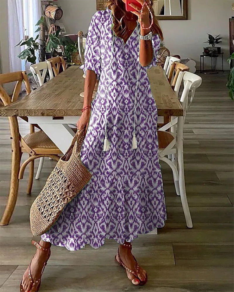 Luciana Premium Printed Long Dress with V Neck and Half Sleeves Wardrobe Essential