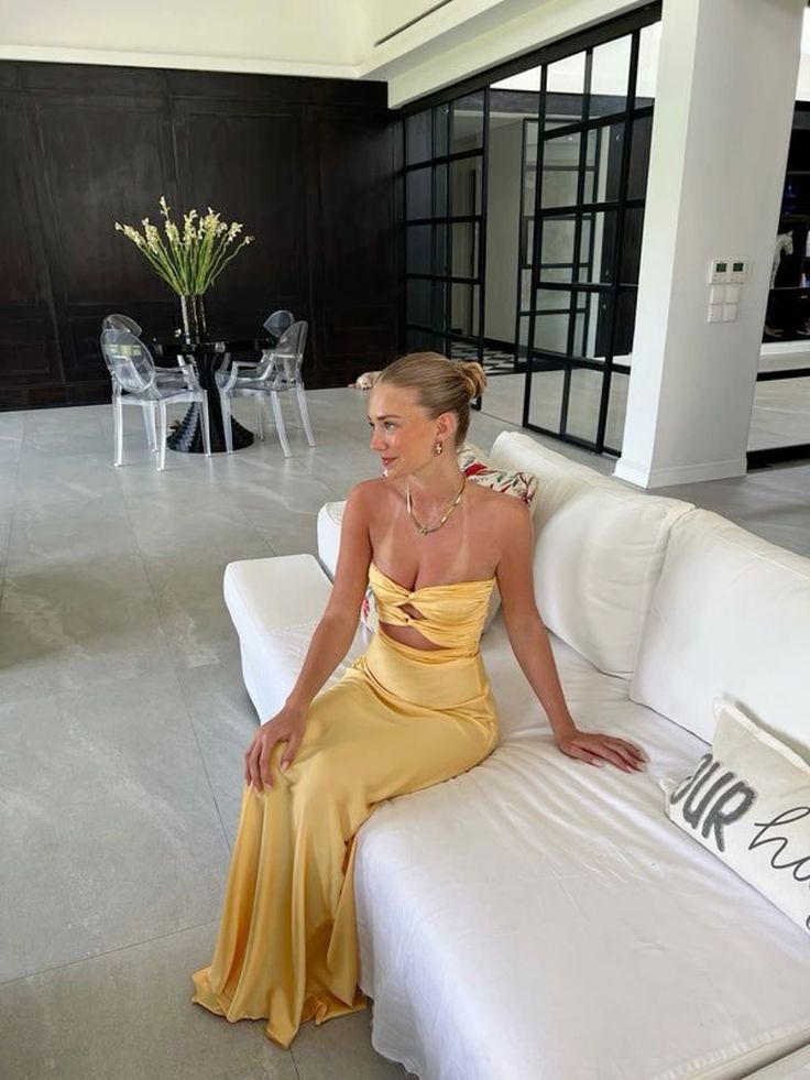 Mermaid Yellow Satin Evening Party Dress Long Prom Dress fg7168 - VelvetHem