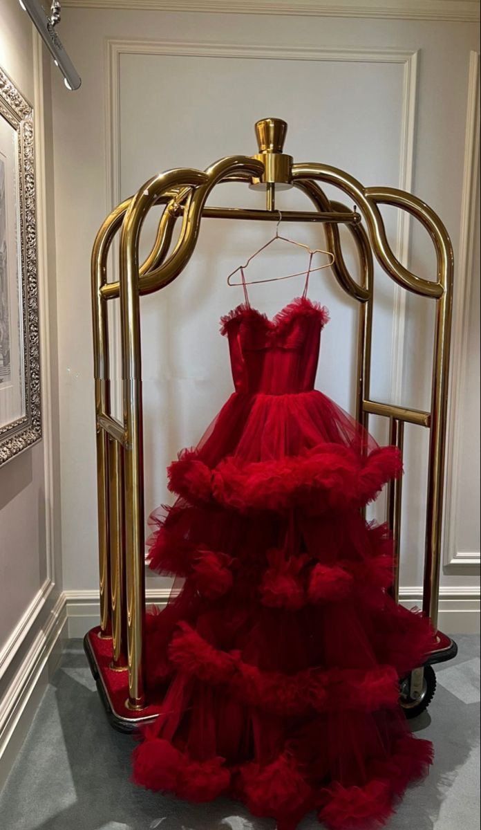 Red Ruffled Tiered Tulle Ball Gown Sweetheart Spaghetti Straps Ruffled A-Line Evening Gown fg7074 - VelvetHem
