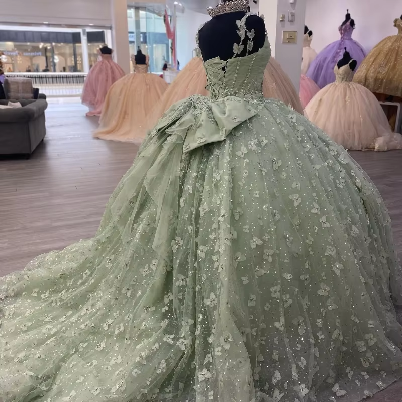 3D Butterfly Quinceanera Dresses Sage Green Ball Gowns with Crystal Corset fg6684 - View 2 | VelvetHem