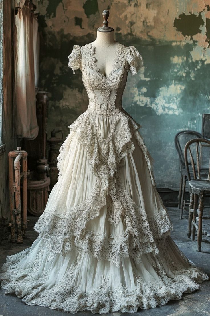 A Line Ivory Lace V Neck Wedding Dress Long Bridal Gown fg7230 - VelvetHem
