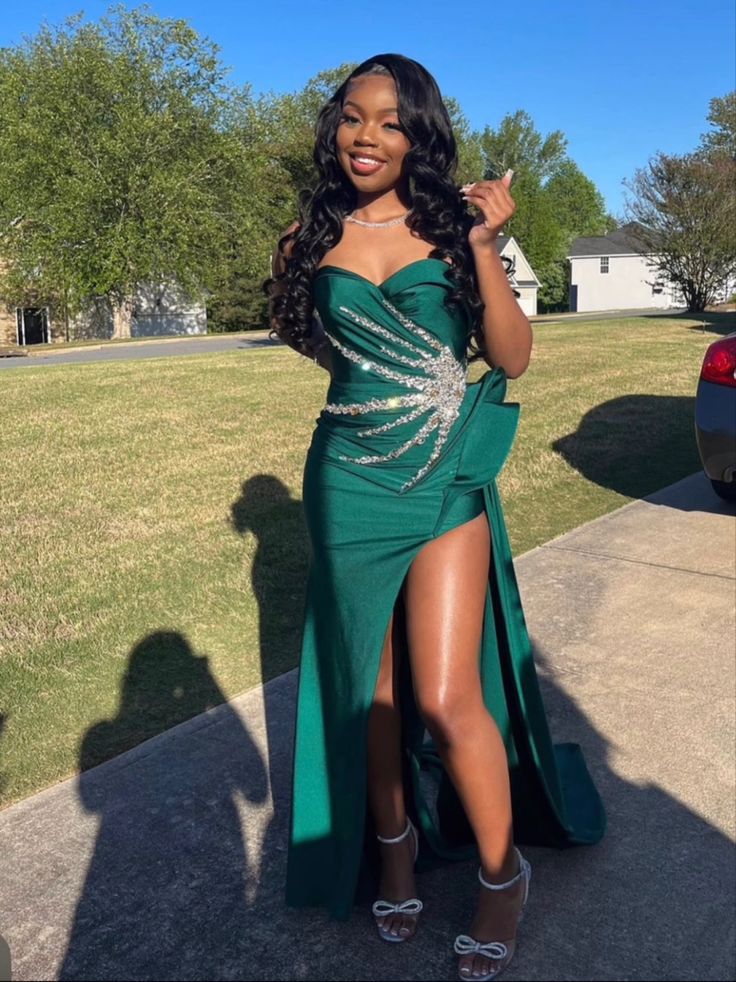 Green Beadings Sweetheart Sleeveless Prom Dress With Split fg6994 - View 2 | VelvetHem