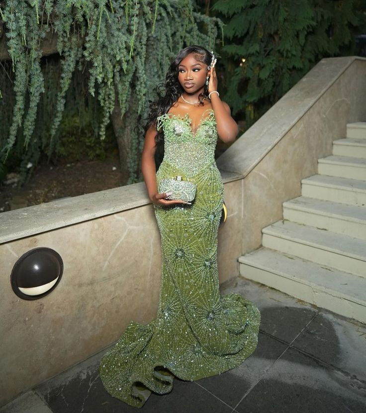 Green Mermaid Long Evening Gown Shinny Prom Dress fg7075 - View 2 | VelvetHem