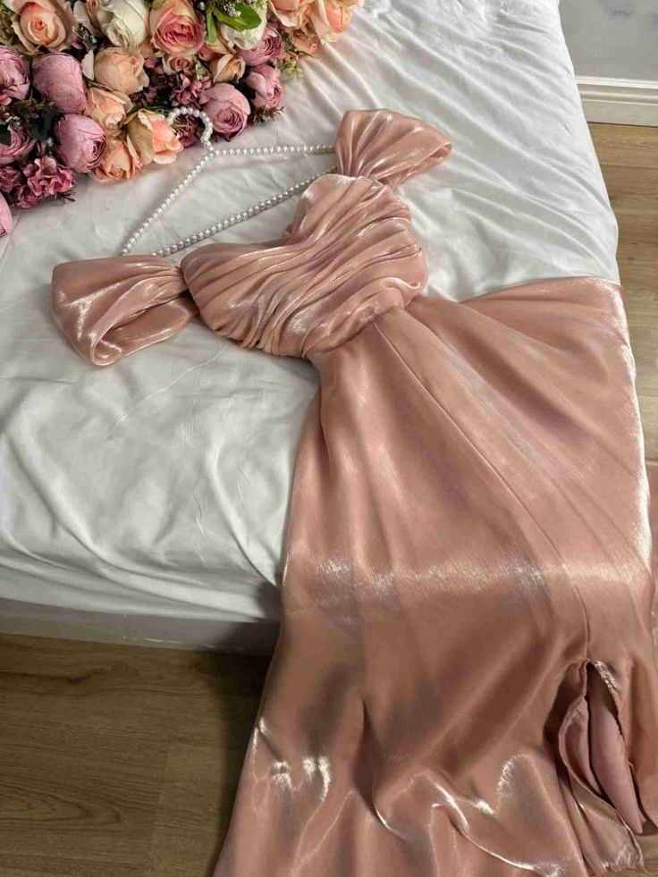 Modest A Line Strapless Silk Satin Long Pink Prom Dress Evening Gown fg6358 - View 2 | VelvetHem